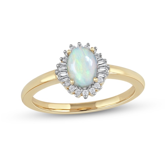 Oval Opal and 1/8 CT. T.w. Baguette and Round Diamond Starburst Frame Ring in 10K Gold