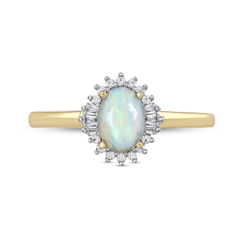 Oval Opal and 1/8 CT. T.W. Baguette and Round Diamond Starburst Frame Ring in 10K Gold