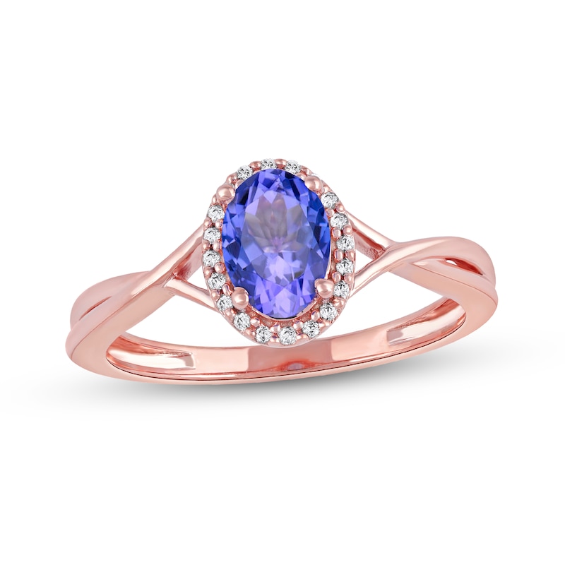 Main Image 1 of Oval Tanzanite and 1/20 CT. T.W. Diamond Frame Twist Shank Ring in 10K Rose Gold