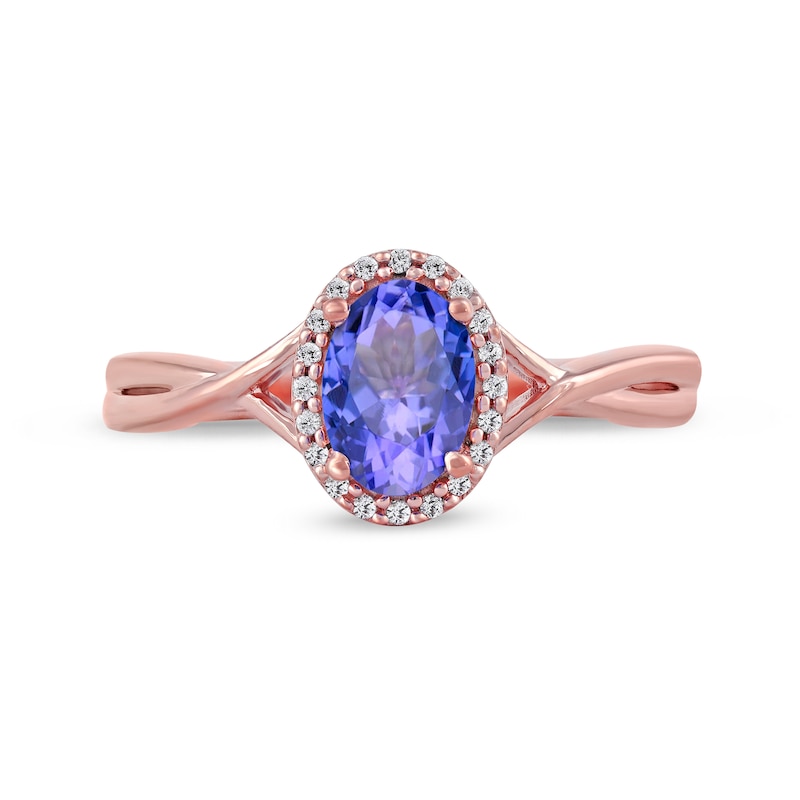 Main Image 3 of Oval Tanzanite and 1/20 CT. T.W. Diamond Frame Twist Shank Ring in 10K Rose Gold