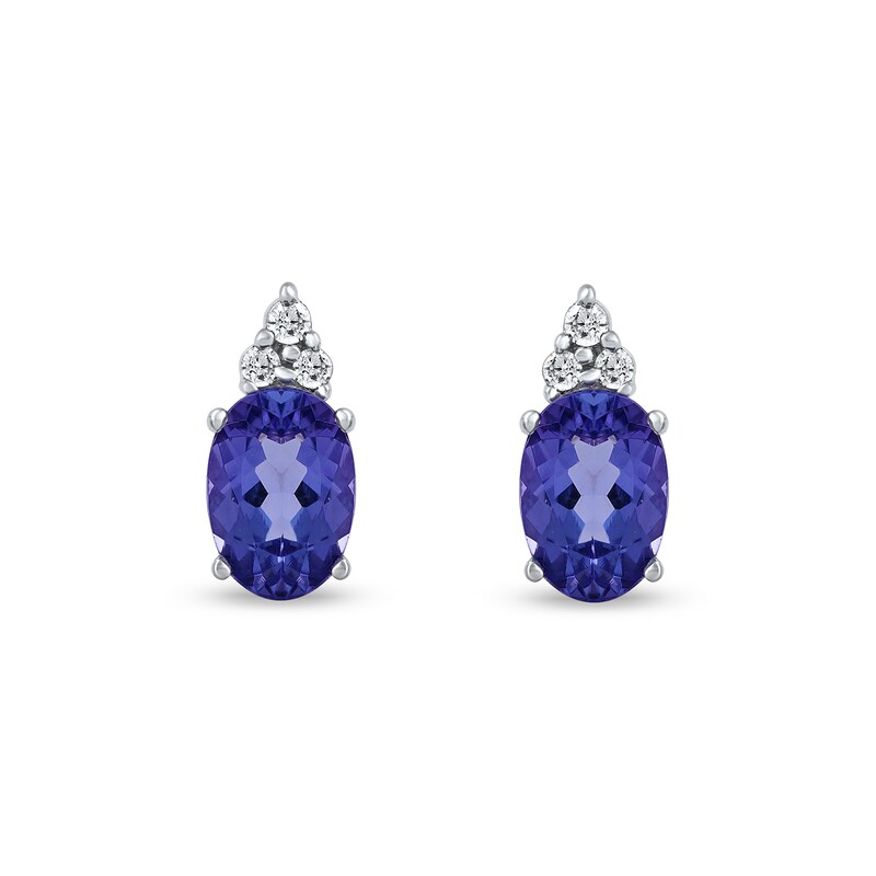 Main Image 3 of Oval Tanzanite and 1/20 CT. T.W. Diamond Tri-Top Stud Earrings in 10K White Gold