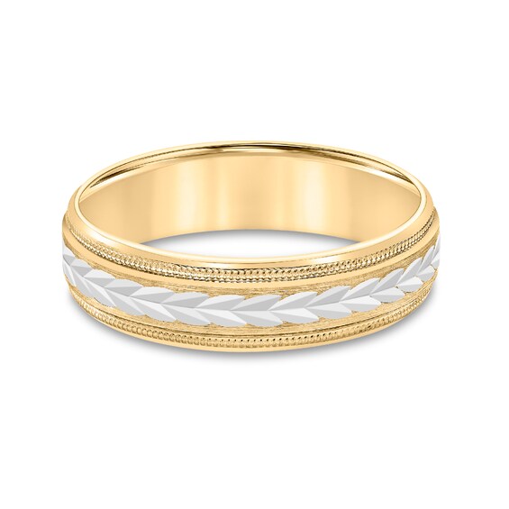 Men's 6.0mm Low Dome Carved Wedding Band in 10K Two-Tone Gold