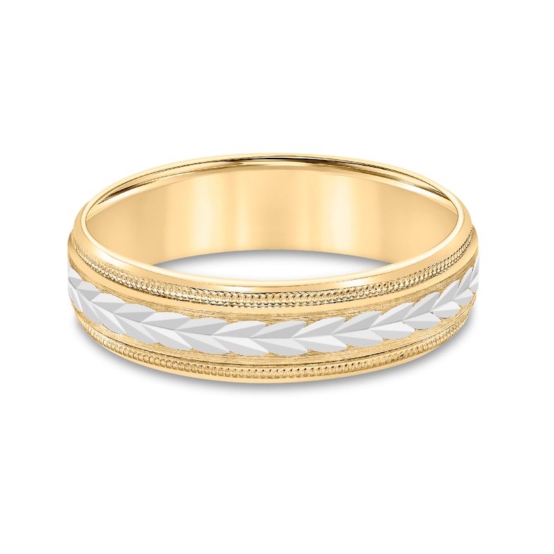 Main Image 2 of Men's 6.0mm Low Dome Carved Wedding Band in 10K Two-Tone Gold