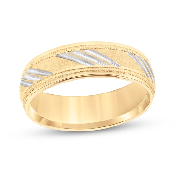 Men's 6.5mm Low Dome Diagonal Slant Carved Wedding Band 10K Two-Tone Gold