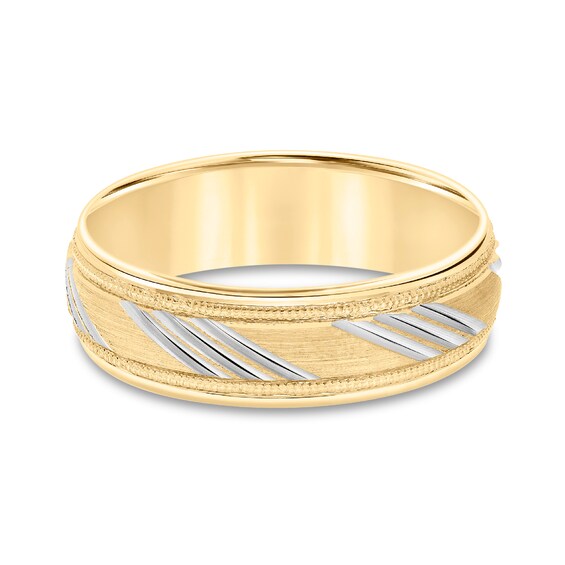 6.5mm Low Dome Diagonal Slant Carved Wedding Band in 10K Two-Tone Gold