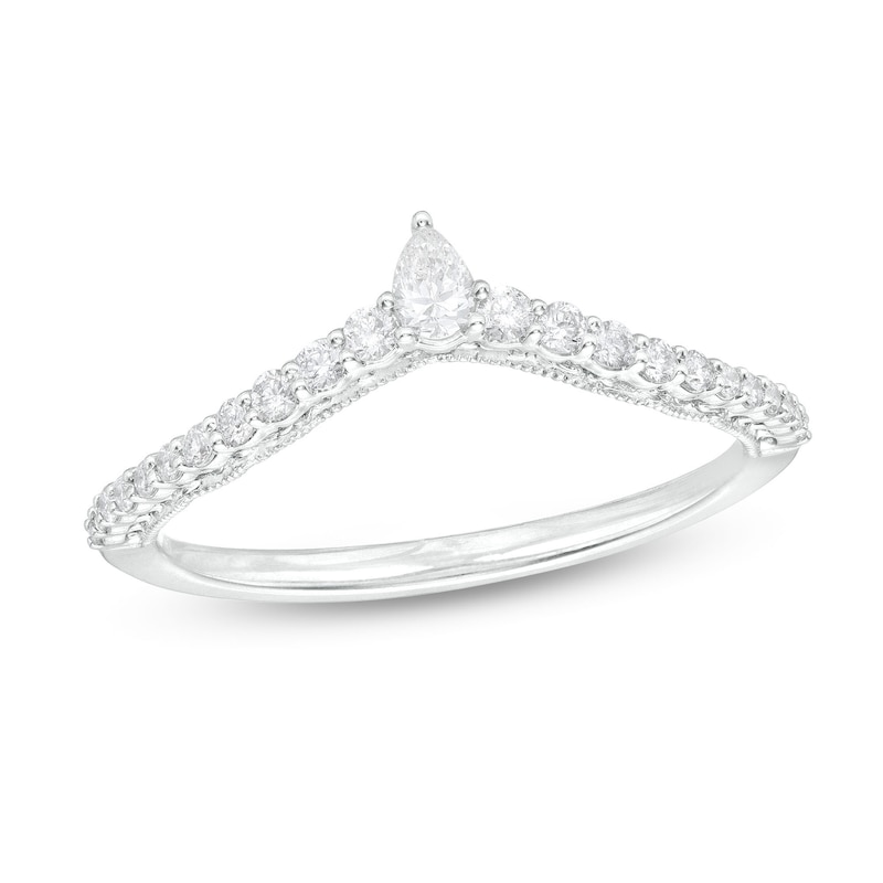Main Image 1 of 1/4 CT. T.W. Pear-Shaped and Round Diamond Vintage-Style Chevron Anniversary Band in 14K White Gold