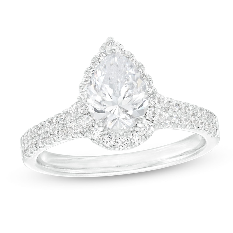 Main Image 1 of 1-1/2 CT. T.W. Certified Pear-Shaped Diamond Frame Double Row Engagement Ring in 14K White Gold (I/I1)