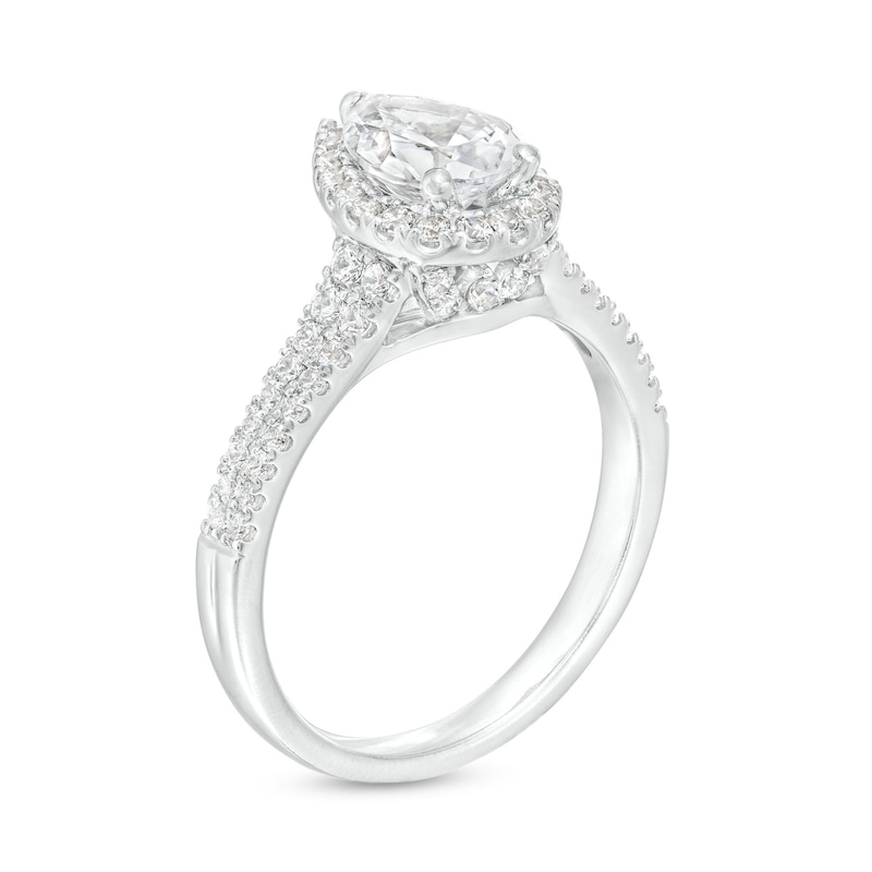 Main Image 3 of 1-1/2 CT. T.W. Certified Pear-Shaped Diamond Frame Double Row Engagement Ring in 14K White Gold (I/I1)