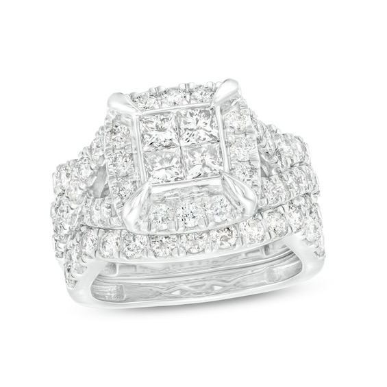 3 CT. T.w. Quad Princess-Cut Diamond Frame Twist Shank Three Piece Bridal Set in 14K White Gold