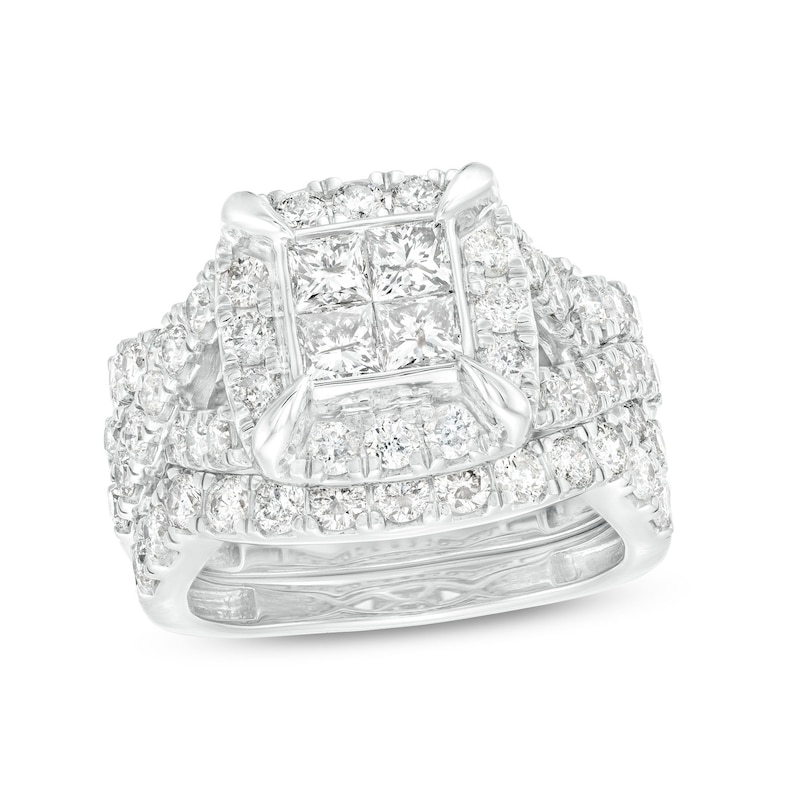 3 CT. T.W. Quad Princess-Cut Diamond Frame Twist Shank Three Piece Bridal Set in 14K White Gold