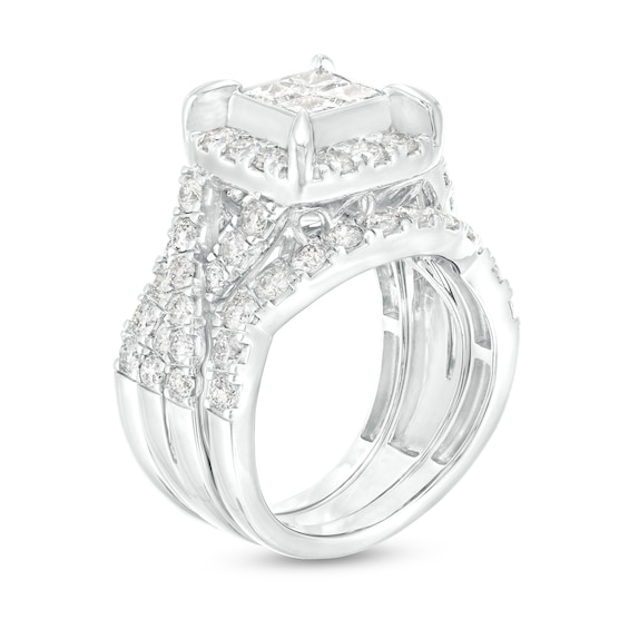 3 CT. T.w. Quad Princess-Cut Diamond Frame Twist Shank Three Piece Bridal Set in 14K White Gold