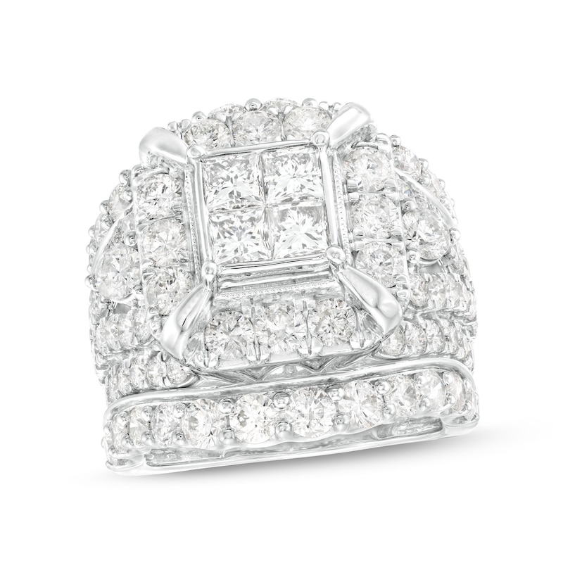 5 CT. T.W. Quad Princess-Cut Diamond Frame Multi-Row Three Piece Bridal Set in 14K White Gold