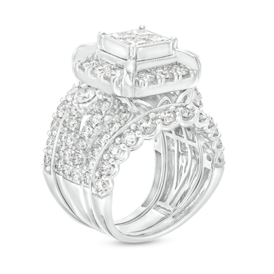 5 CT. T.w. Quad Princess-Cut Diamond Frame Multi-Row Three Piece Bridal Set in 14K White Gold