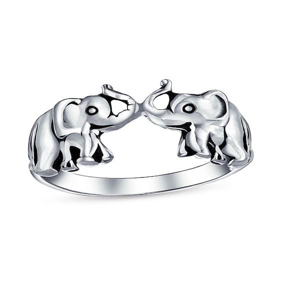 Oxidized Two Elephants Ring Sterling Silver