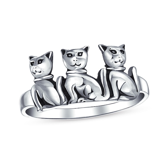 Oxidized Three Cat Ring in Sterling Silver