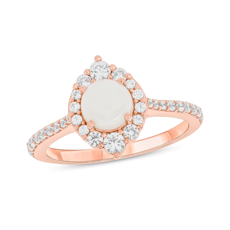 Main Image 1 of 6.0mm Opal, White Lab-Created Sapphire, and 1/4 CT. T.W. Diamond Frame Pavé Engagement Ring in 10K Rose Gold