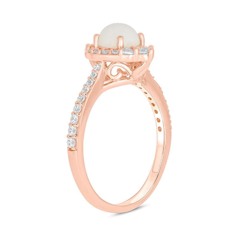 Main Image 2 of 6.0mm Opal, White Lab-Created Sapphire, and 1/4 CT. T.W. Diamond Frame Pavé Engagement Ring in 10K Rose Gold