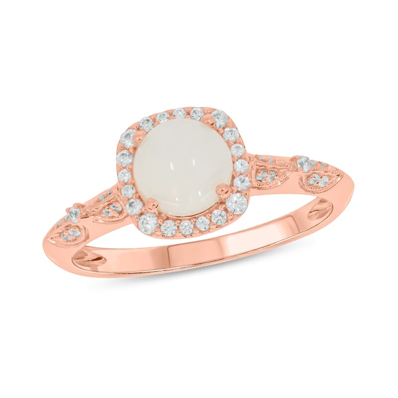 Main Image 1 of 6.0mm Opal and 1/5 CT. T.W. Diamond Cushion Frame Flower Leaf Shank Vintage-Style Engagement Ring in 10K Rose Gold