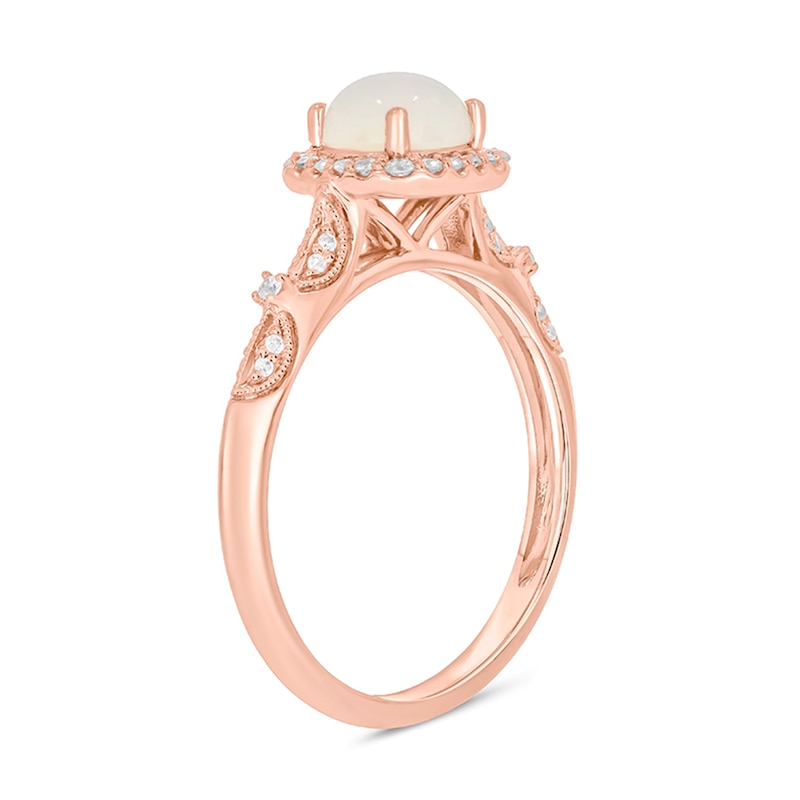 Main Image 2 of 6.0mm Opal and 1/5 CT. T.W. Diamond Cushion Frame Flower Leaf Shank Vintage-Style Engagement Ring in 10K Rose Gold