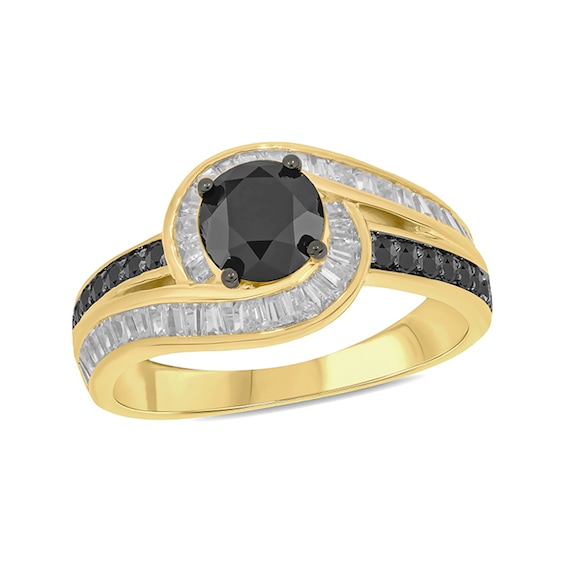 6.0mm Black Sapphire and 1/2 CT. T.w. Black and White Diamond Frame Bypass Engagement Ring in 10K Gold