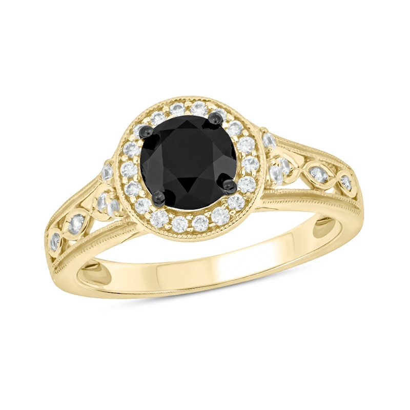 Main Image 1 of 6.0mm Black Sapphire and 1/5 CT. T.W. Diamond Frame Twist Shank Vintage-Style Engagement Ring in 10K Gold