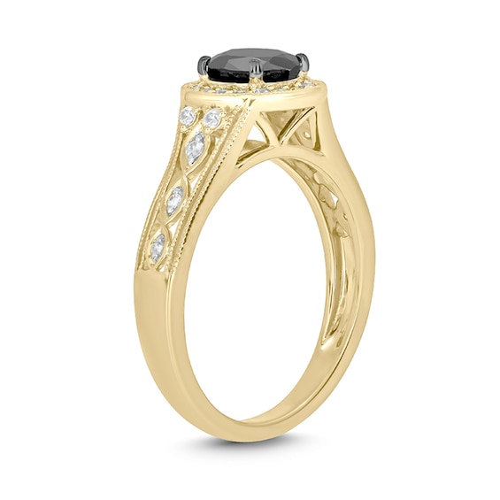 6.0mm Black Sapphire and 1/5 CT. T.w. Diamond Frame Twist Shank Vintage-Style Engagement Ring in 10K Gold