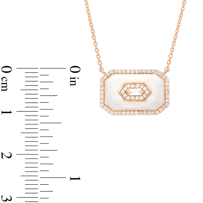 Main Image 3 of 1/5 CT. T.W. Baguette Diamond Octagonal Frame White Enamel Necklace in Sterling Silver with 14K Rose Gold Plate