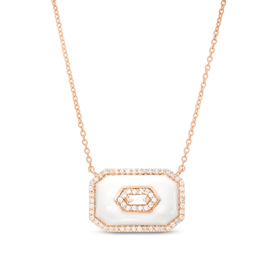 1/5 CT. T.w. Baguette Diamond Octagonal Frame White Enamel Necklace in Sterling Silver with 14K Rose Gold Plate