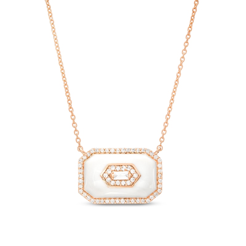 1/5 CT. T.W. Baguette Diamond Octagonal Frame White Enamel Necklace in Sterling Silver with 14K Rose Gold Plate