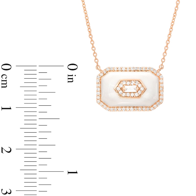 Main Image 3 of 1/5 CT. T.W. Baguette Diamond Octagonal Frame White Enamel Necklace in Sterling Silver with 14K Rose Gold Plate