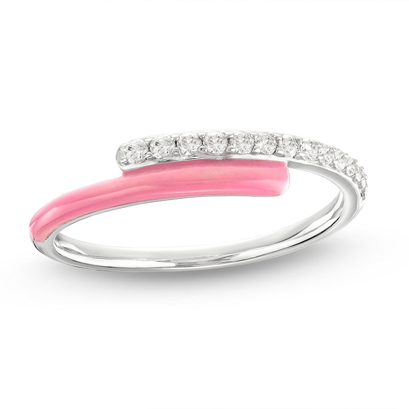 Main Image 1 of 1/6 CT. T.W. Diamond Pink Enamel Bypass Split Shank Ring in Sterling Silver