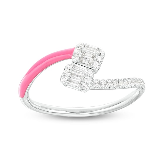 1/5 CT. T.w. Cushion-Shaped Multi-Diamond Pink Enamel Open Split Shank Ring in Sterling Silver