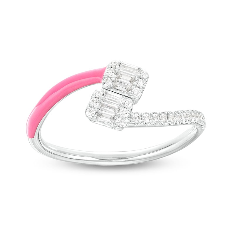 Main Image 1 of 1/5 CT. T.W. Cushion-Shaped Multi-Diamond Pink Enamel Open Split Shank Ring in Sterling Silver