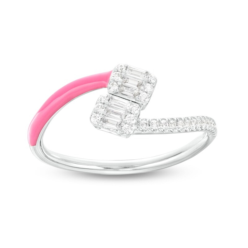 1/5 CT. T.W. Cushion-Shaped Multi-Diamond Pink Enamel Open Split Shank Ring in Sterling Silver