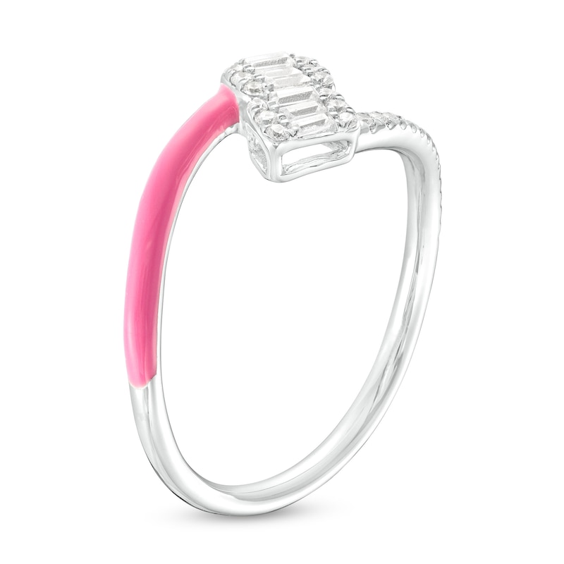 Main Image 3 of 1/5 CT. T.W. Cushion-Shaped Multi-Diamond Pink Enamel Open Split Shank Ring in Sterling Silver
