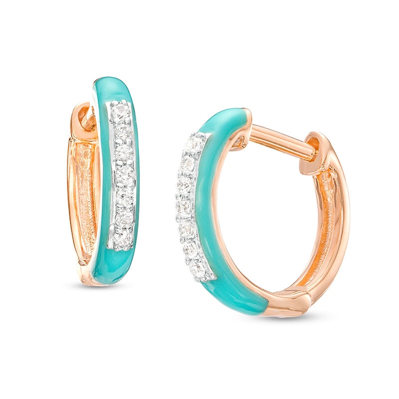 Main Image 1 of 1/10 CT. T.W. Diamond Aqua Blue Enamel Hoop Earrings in Sterling Silver with 14K Rose Gold Plate