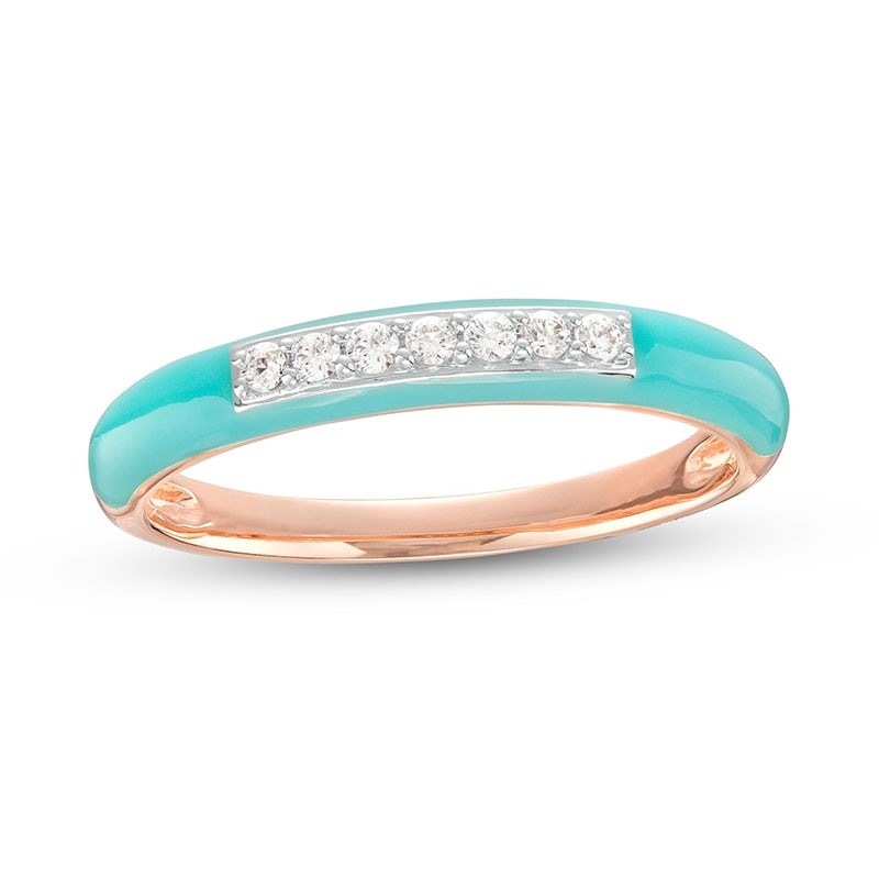 Main Image 1 of 1/10 CT. T.W. Diamond Channel-Set Aqua Blue Enamel Band in Sterling Silver with 14K Rose Gold Plate