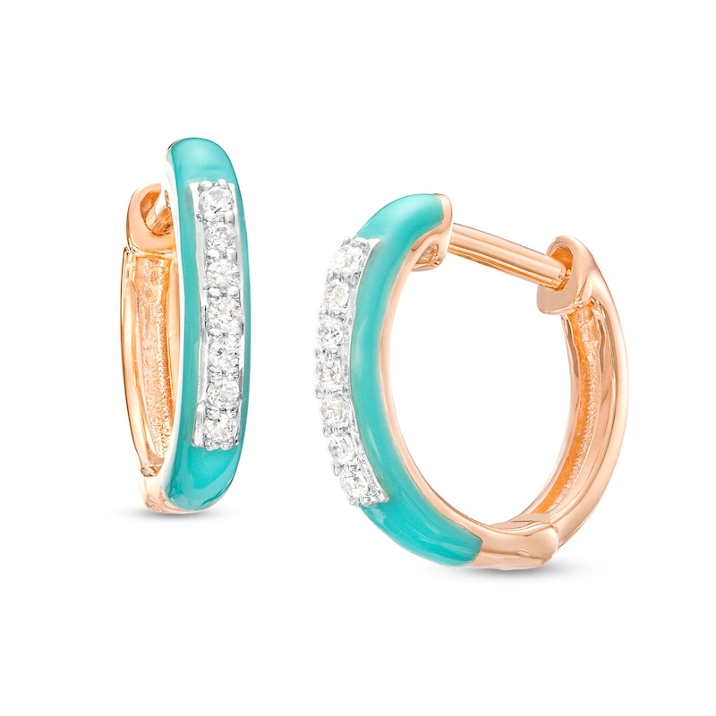 Main Image 1 of 1/10 CT. T.W. Diamond Aqua Blue Enamel Hoop Earrings in Sterling Silver with 14K Rose Gold Plate