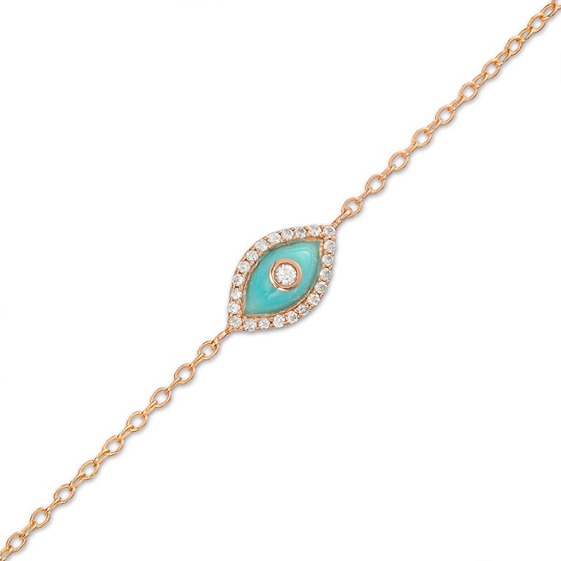 Main Image 1 of 1/10 CT. T.W. Diamond Frame Blue Enamel Evil Eye Bracelet in Sterling Silver with 14K Rose Gold Plate