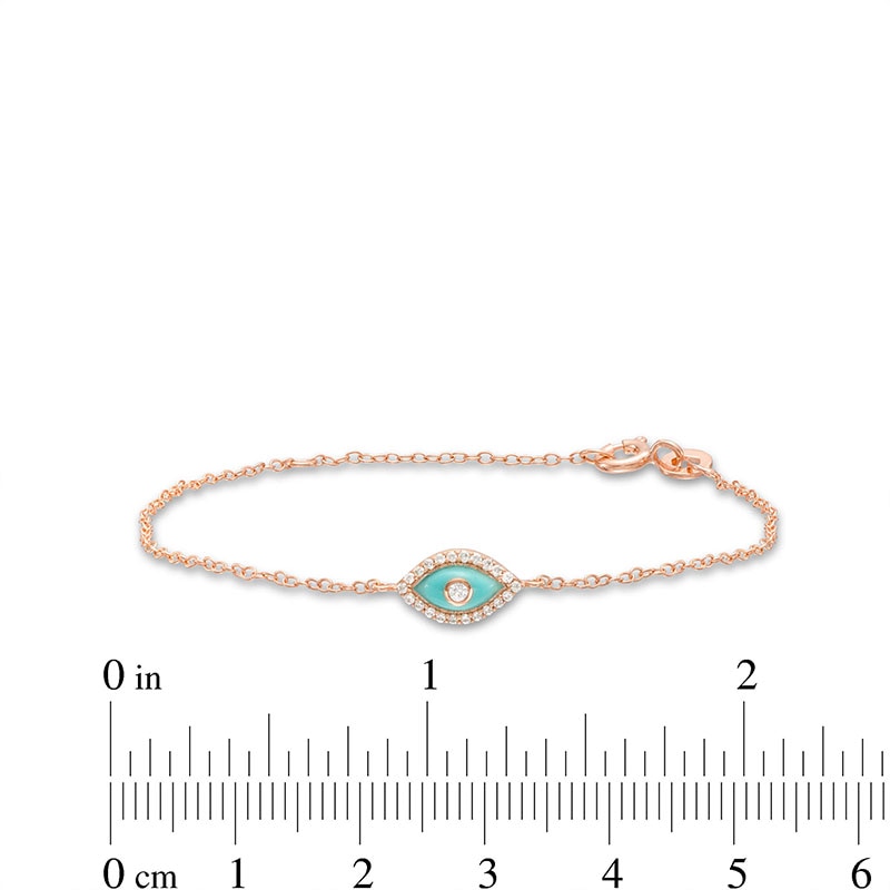 Main Image 4 of 1/10 CT. T.W. Diamond Frame Blue Enamel Evil Eye Bracelet in Sterling Silver with 14K Rose Gold Plate
