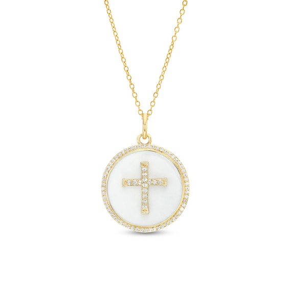 1/3 CT. T.w. Diamond Frame White Enamel Cross Circle Pendant in Sterling Silver with 14K Gold Plate