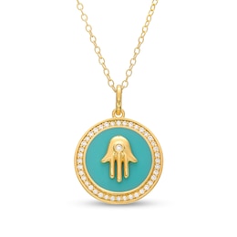 1/4 CT. T.W. Diamond Frame Aqua Blue Enamel Hamsa Circle Pendant in Sterling Silver with 14K Gold Plate