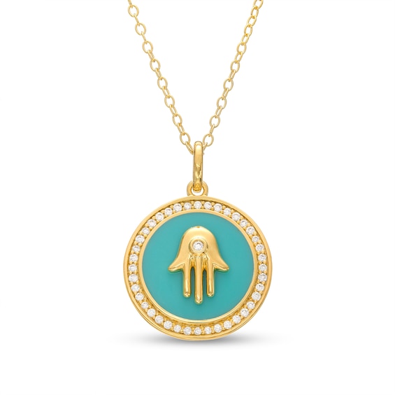 1/4 CT. T.w. Diamond Frame Aqua Blue Enamel Hamsa Circle Pendant in Sterling Silver with 14K Gold Plate