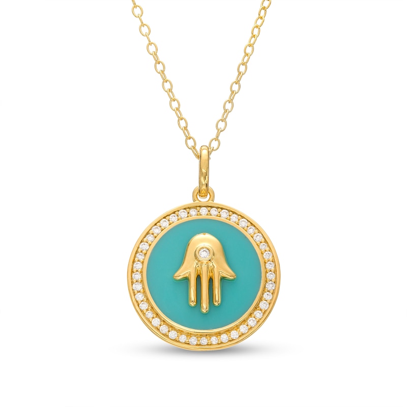Main Image 1 of 1/4 CT. T.W. Diamond Frame Aqua Blue Enamel Hamsa Circle Pendant in Sterling Silver with 14K Gold Plate