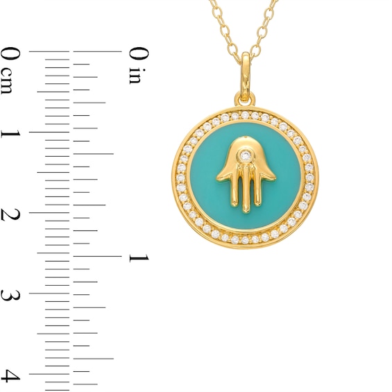 1/4 CT. T.w. Diamond Frame Aqua Blue Enamel Hamsa Circle Pendant in Sterling Silver with 14K Gold Plate