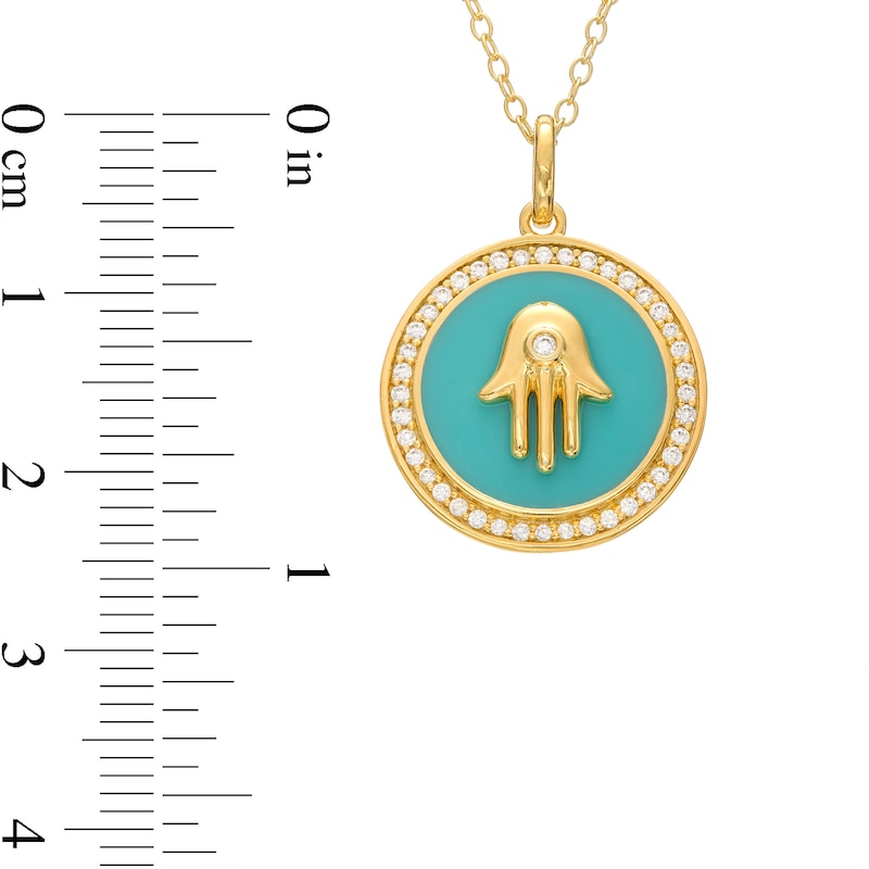 Main Image 3 of 1/4 CT. T.W. Diamond Frame Aqua Blue Enamel Hamsa Circle Pendant in Sterling Silver with 14K Gold Plate