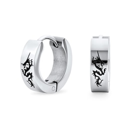 Laser-Inscribed Dragon Huggie Hoop Earrings in Stainless Steel