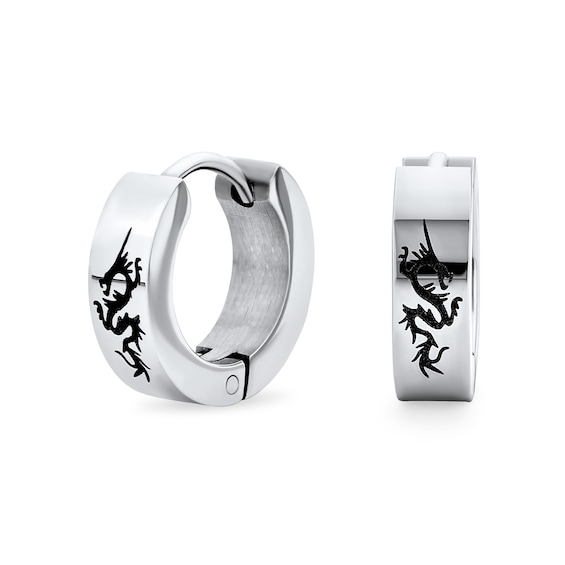 Laser-Inscribed Dragon Huggie Hoop Earrings in Stainless Steel