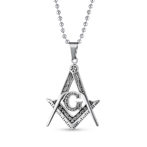 Men's Oxidized Freemason Compass Pendant in Stainless Steel - 20"