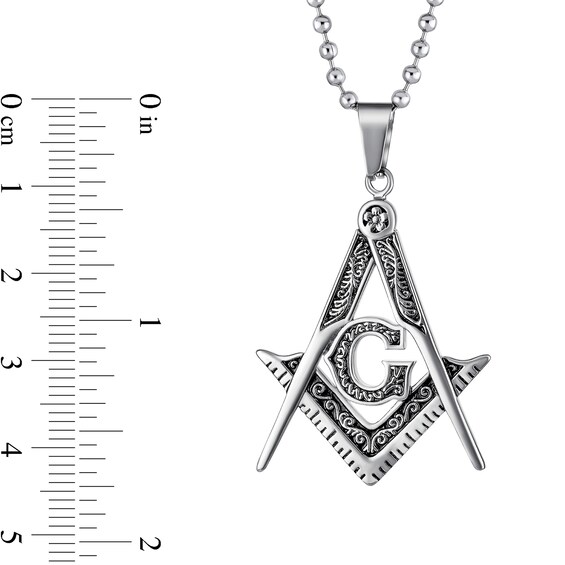 Men's Oxidized Freemason Compass Pendant in Stainless Steel - 20"
